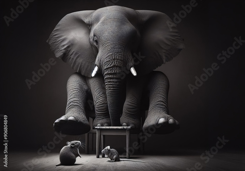 Ein Elefant steht auf einem Stuhl, er hat Angst vor der Maus