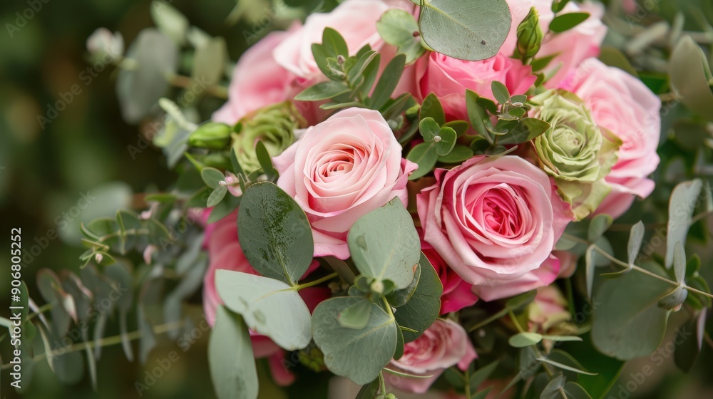 A stunning wedding bouquet with soft pink roses and lush green eucalyptus, perfect for a joyful celebration of love A stunning wedding bouquet with soft pink roses and lush green eucalyptus, perfect for a joyful celebration of love