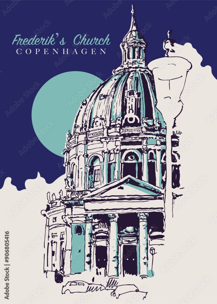 Drawing sketch illustration of the Frederick Church in Copenhagen, Denmark