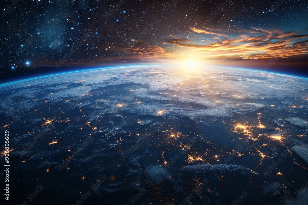 Breathtaking view of Earth from space, showcasing vibrant city lights and vast landscapes under starry skies, with a blue sun rising over the planet, photo-realistic Breathtaking view of Earth from space, showcasing vibrant city lights and vast landscapes under starry skies, with a blue sun rising over the planet, photo-realistic