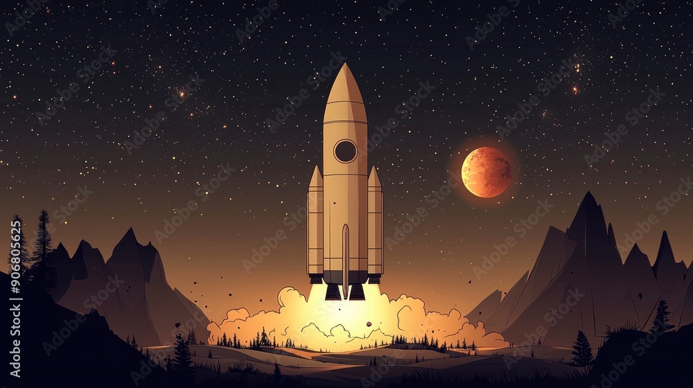 Naklejka premium Rocket Launch into the Night Sky