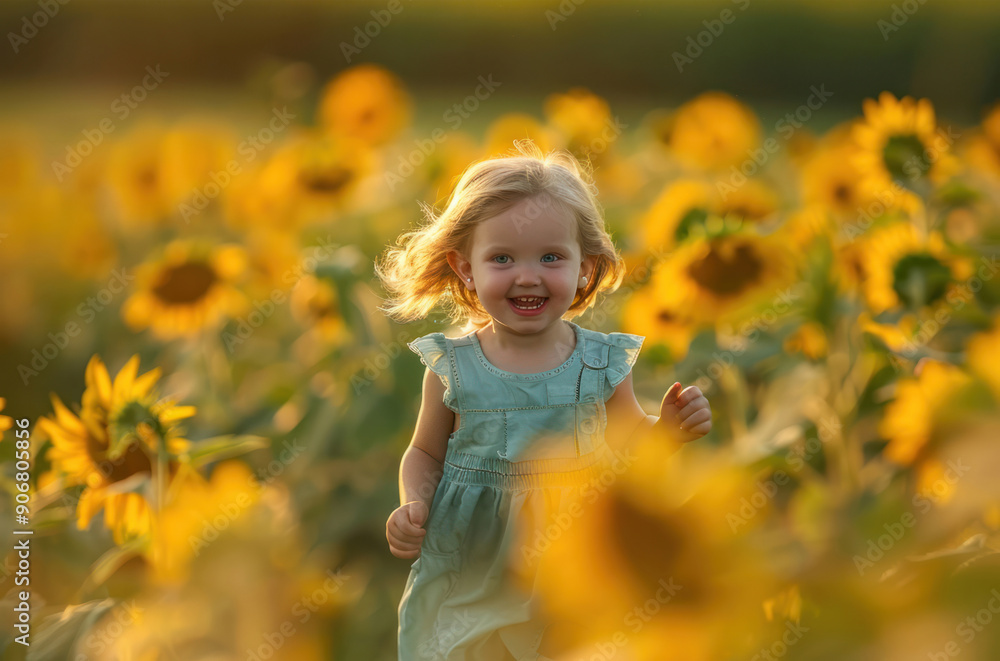 Smiling girl running through a field of sunflowers Smiling girl running through a field of sunflowers