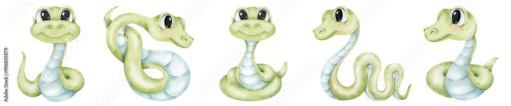 Set of Cute green snakes. Isolated hand drawn watercolor Baby illustration. Symbol 2025 Chinese Year. For Christmas Cards, Scrapbooking, Textile, Sublimation printing Set of Cute green snakes. Isolated hand drawn watercolor Baby illustration. Symbol 2025 Chinese Year. For Christmas Cards, Scrapbooking, Textile, Sublimation printing