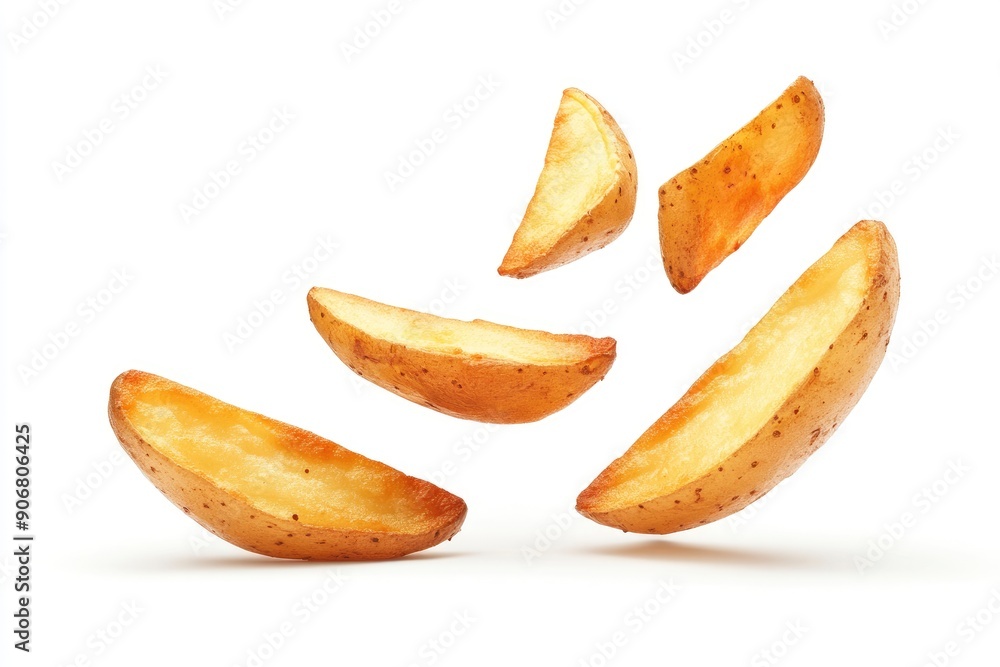Falling fried Potato wedges, isolated on white background, full depth of field , ai Falling fried Potato wedges, isolated on white background, full depth of field , ai