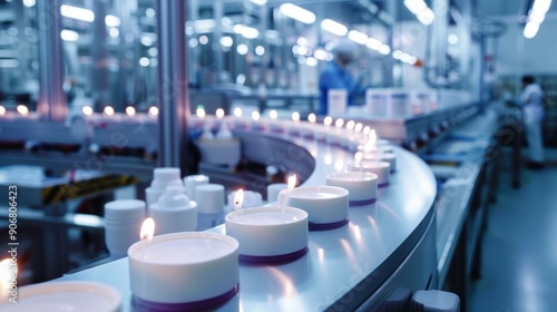 Candles on a Conveyor Belt in a Factory