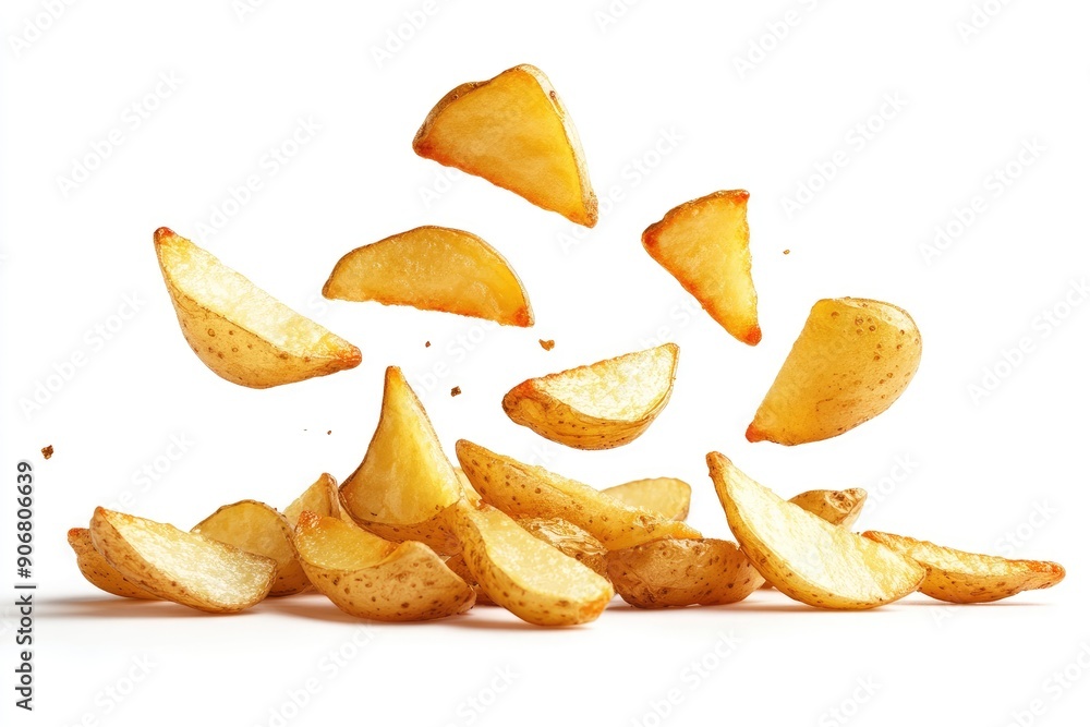 Falling fried Potato wedges, isolated on white background, full depth of field , ai Falling fried Potato wedges, isolated on white background, full depth of field , ai
