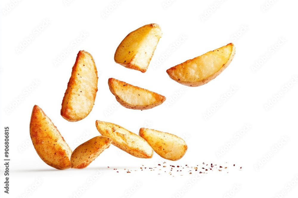 Falling fried Potato wedges, isolated on white background, full depth of field , ai Falling fried Potato wedges, isolated on white background, full depth of field , ai