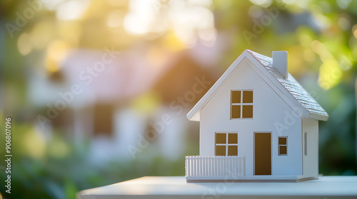 Miniature house model with a picket fence in a sunlit garden.