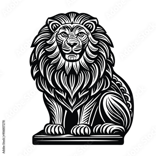 Stylized Black and White Illustration of a Sitting Lion