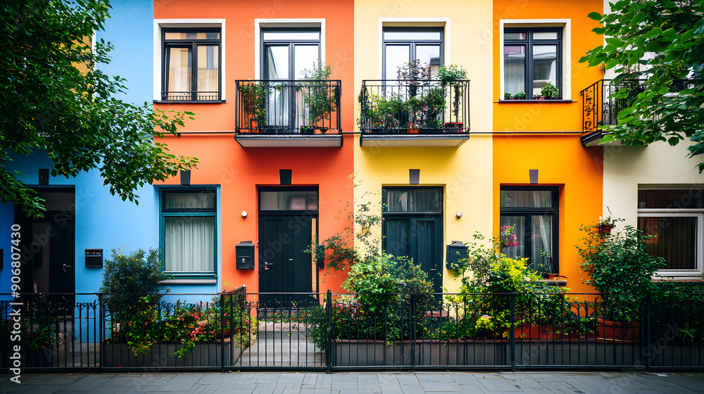 Fototapeta premium Colorful row houses with small gardens, creating a charming street view.
