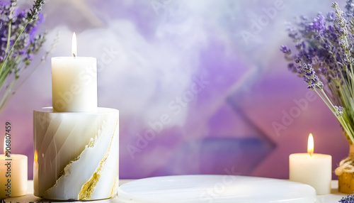 Lavender Scented Candles on a White Marble Platform