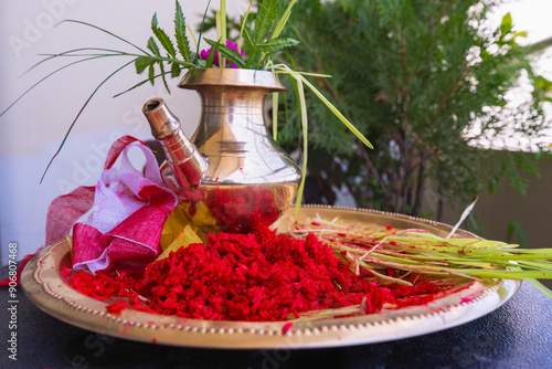 Tika Thali Dashain Hindu Festival Celebration Durga Puja with kalash, diya, vemillion rice, jamara photo