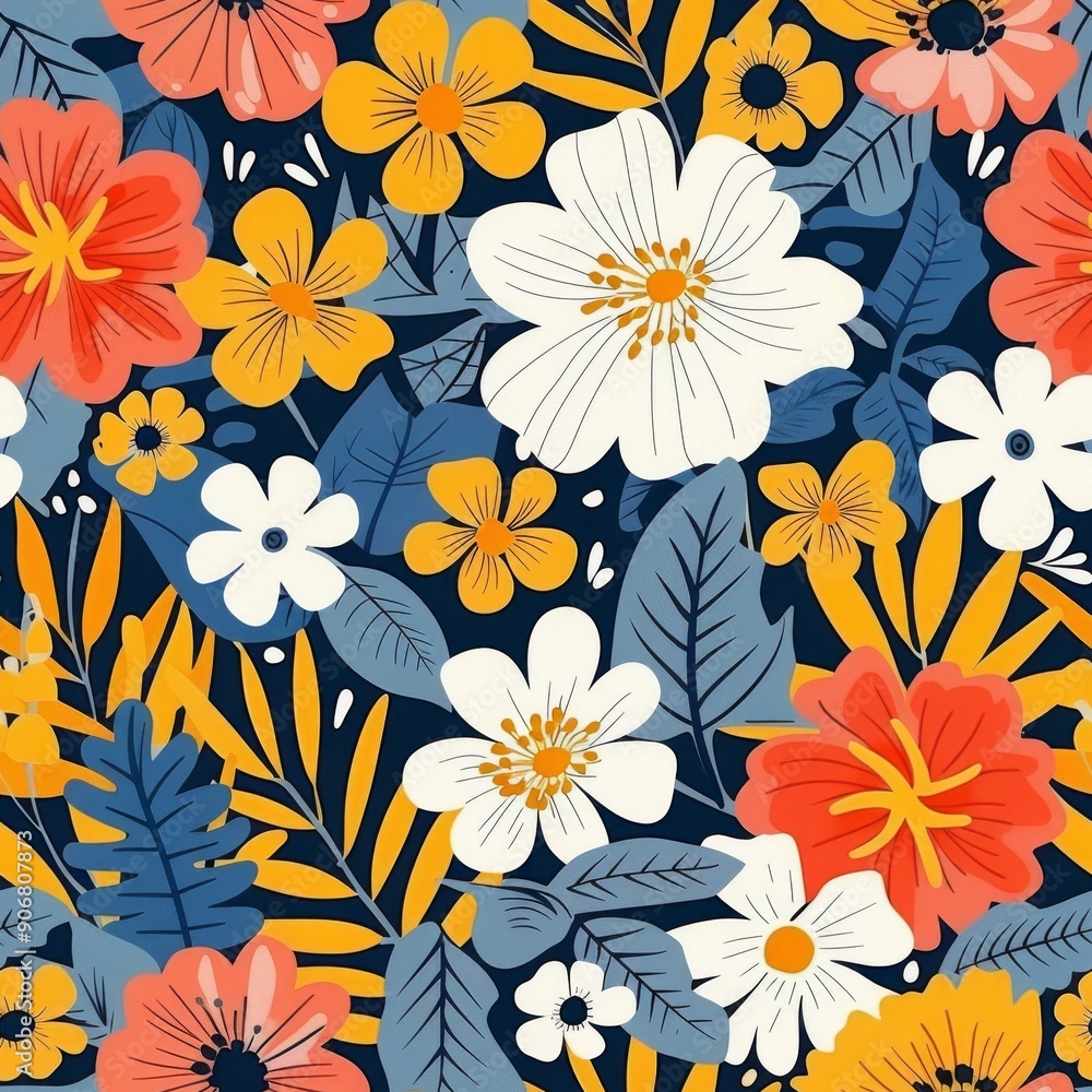 Seamless pattern with flowers and leaves on a dark blue background Seamless pattern with flowers and leaves on a dark blue background