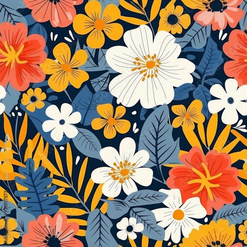 Wallpaper Mural Seamless pattern with flowers and leaves on a dark blue background Torontodigital.ca