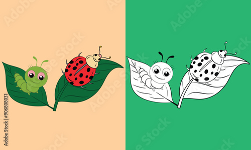  Ladybird beetle on green leaves caterpillar larva illustration vector