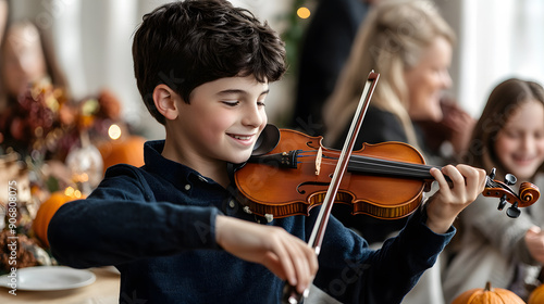 A teen boy playing the violin at a Thanksgiving family