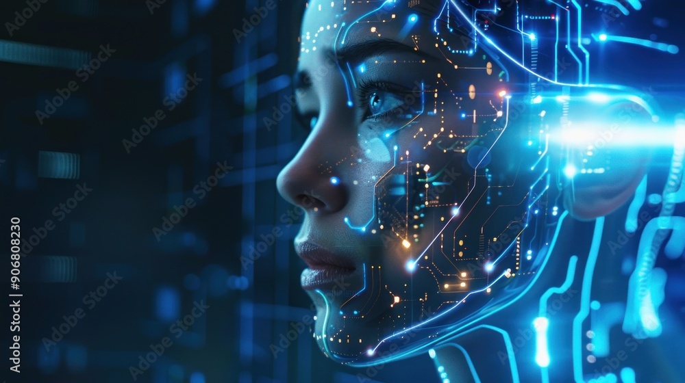 Female face with glowing blue lines, Artificial intelligence concept. AI generated Female face with glowing blue lines, Artificial intelligence concept. AI generated