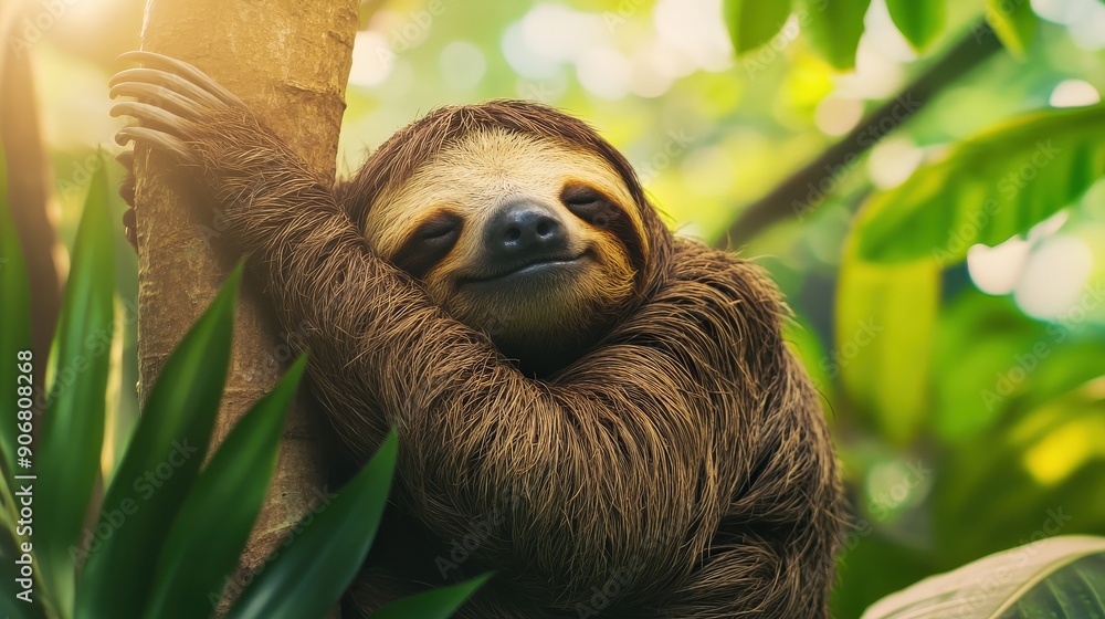 Fototapeta premium A brown and white sloth is hanging from a tree branch. The sloth is smiling and he is enjoying its time in the forest