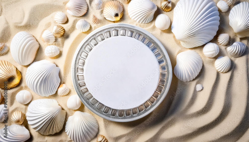 White Sea Shells and Decorative Plate on Sand White Sea Shells and Decorative Plate on Sand