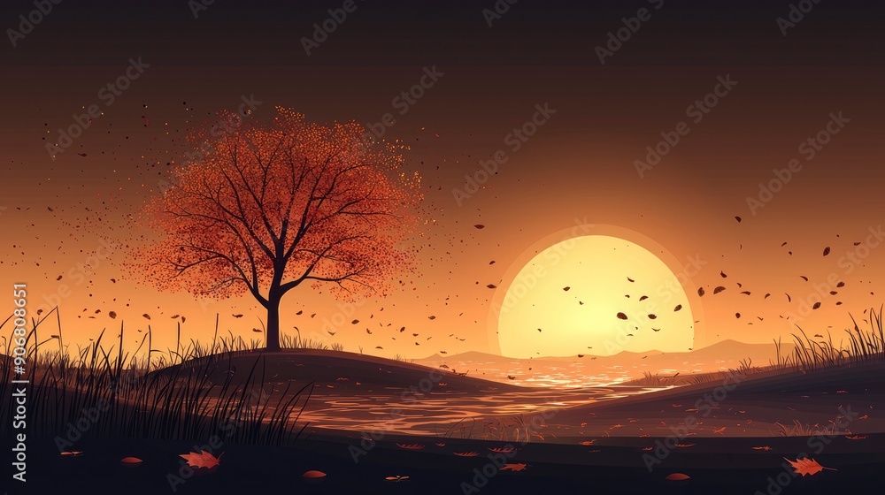 Obraz premium Autumn Sunset with Silhouette Tree and Falling Leaves