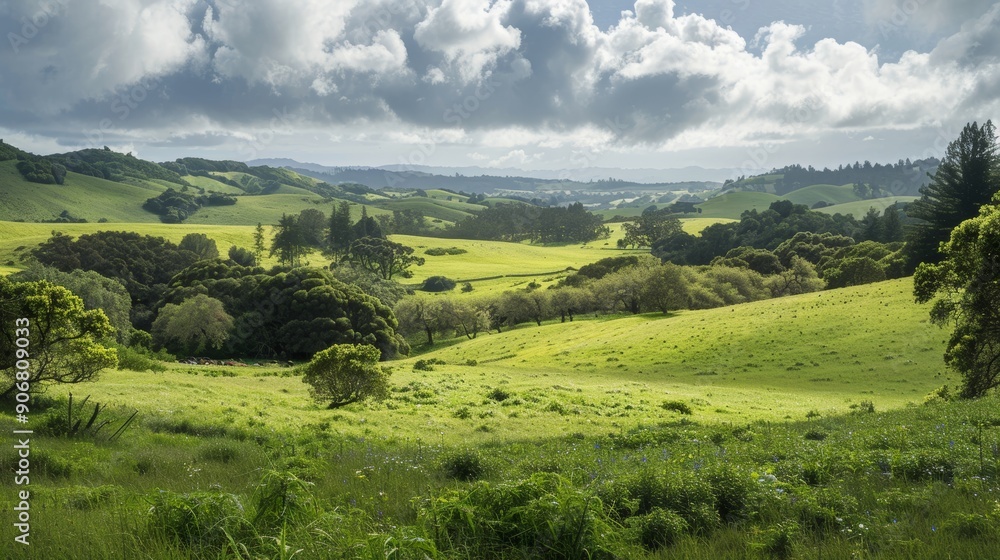 Breathtaking scenery of lush meadow with gently rolling hills in picturesque natural setting Breathtaking scenery of lush meadow with gently rolling hills in picturesque natural setting