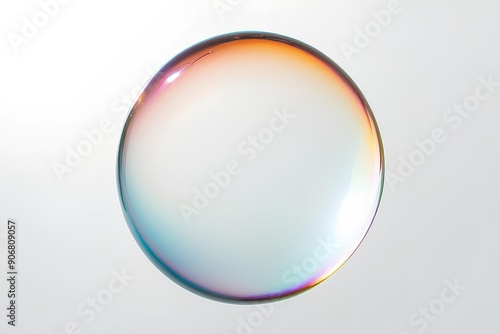 large transparent bubble with iridescent colors reflecting light on a minimalist and clean white background photo