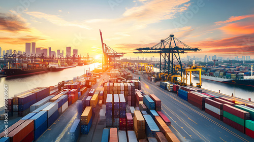 Sunset over a busy shipping port with containers and cranes