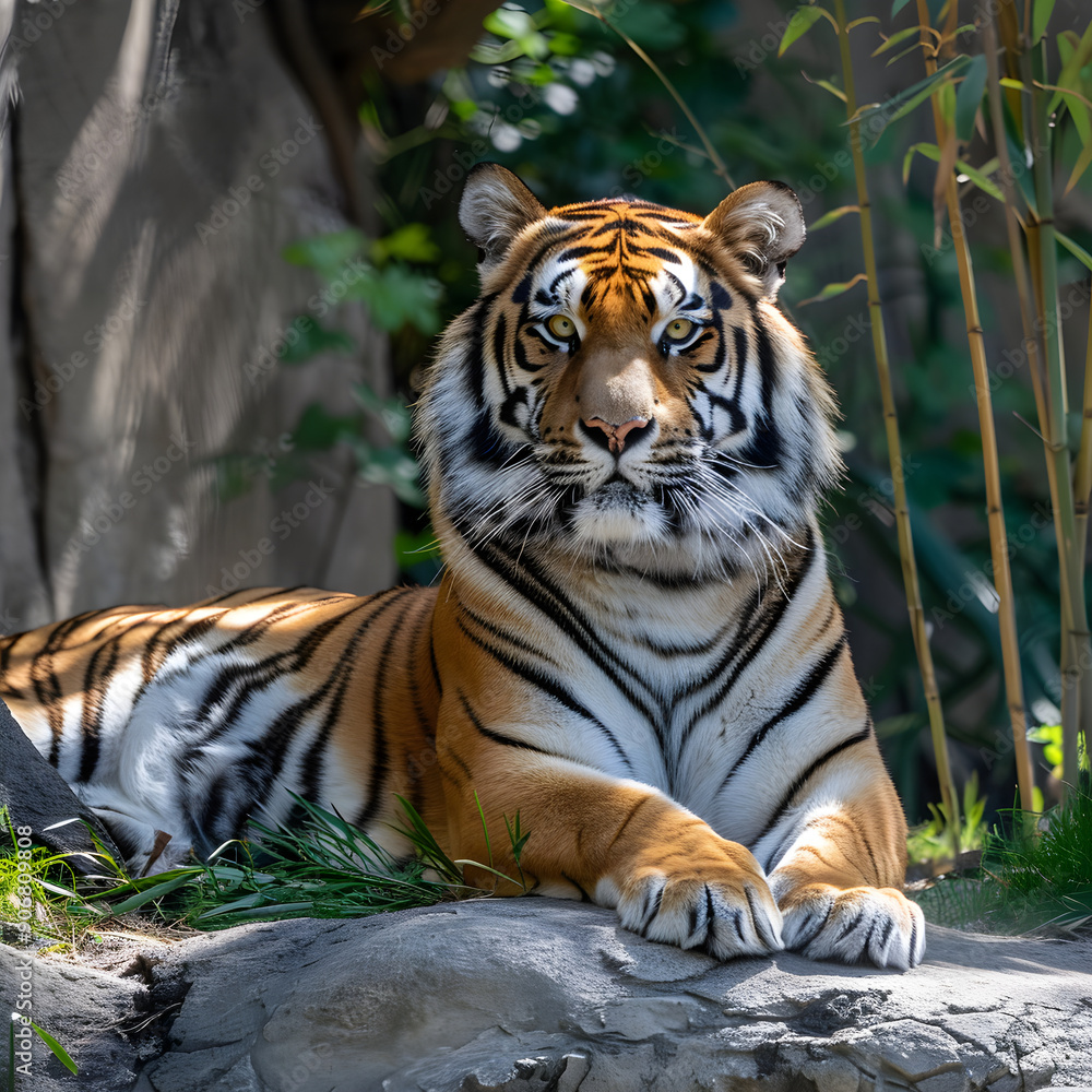Majestic tiger is resting on a rock, its powerful gaze fixed on something in the distance Majestic tiger is resting on a rock, its powerful gaze fixed on something in the distance
