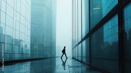 Silhouette of a Man Walking Through Modern Cityscape