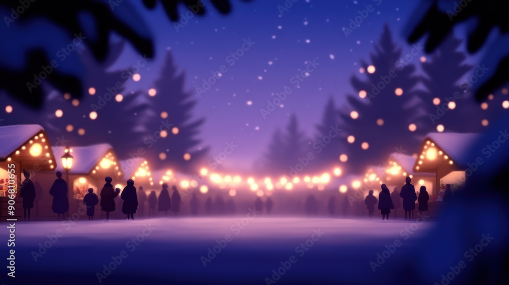 A magical winter evening scene with glowing lights, snow, and festive stalls creating a cozy holiday atmosphere. A magical winter evening scene with glowing lights, snow, and festive stalls creating a cozy holiday atmosphere.