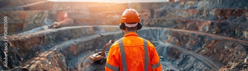 A worker in safety gear observes the mining site, showcasing the importance of safety in excavation and construction environments.