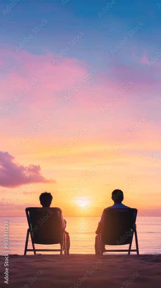 Obraz premium Two people relax on beach chairs, enjoying a stunning sunset over the ocean, creating a serene atmosphere.