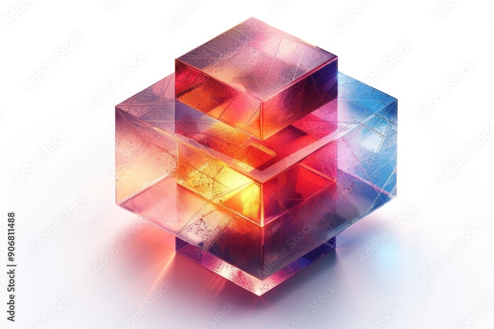 A stack of colorful translucent cubes with light effects, blending various hues and creating a visually engaging abstract composition on a white surface A stack of colorful translucent cubes with light effects, blending various hues and creating a visually engaging abstract composition on a white surface