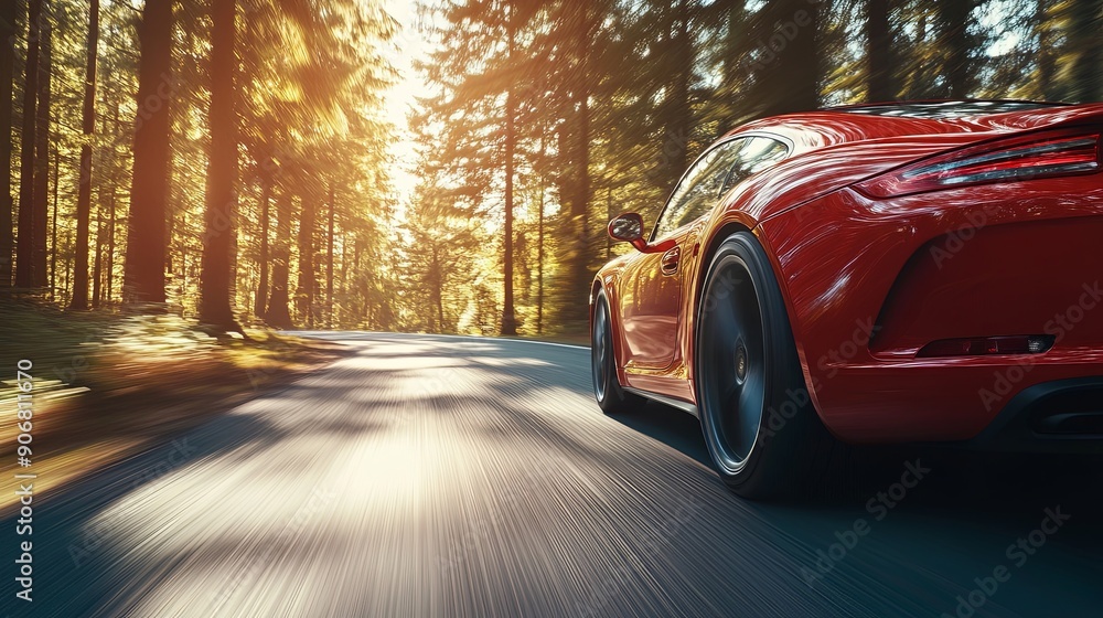 Speeding Car on Winding Road in European Forest Speeding Car on Winding Road in European Forest