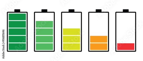 Battery icon set. Symbols of battery charge level, full and low. Battery icons set on white background. Vector illustration. eps10 