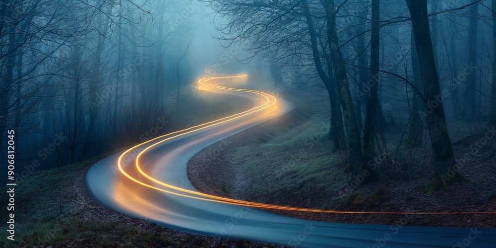 A road with a long curve and a bright light on the road A road with a long curve and a bright light on the road