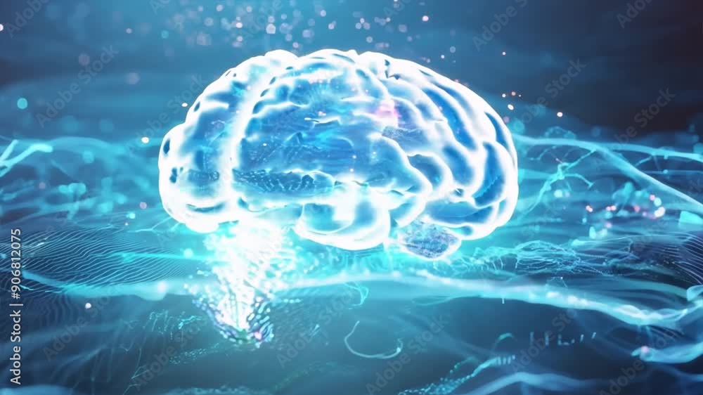 AI digital brain with flowing data streams on a high-tech background, blue tones AI digital brain with flowing data streams on a high-tech background, blue tones