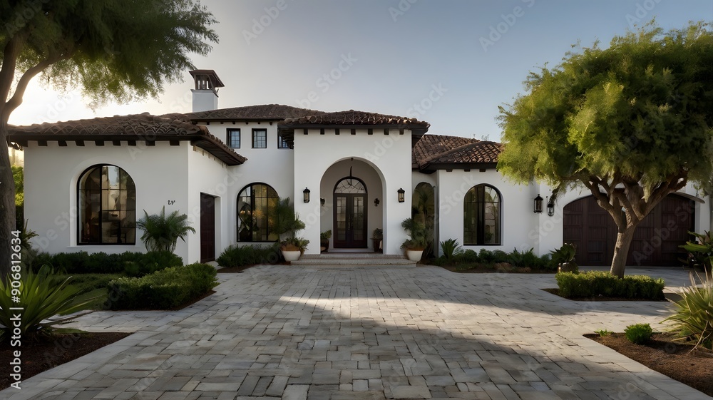 Naklejka premium Elegant Mediterranean Style Home With Lush Landscaping at Sunset in a Suburban Neighborhood