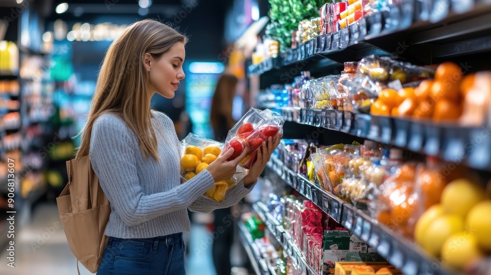 A woman is shopping for fruit in a grocery store. She is holding a bag and looking at the oranges A woman is shopping for fruit in a grocery store. She is holding a bag and looking at the oranges