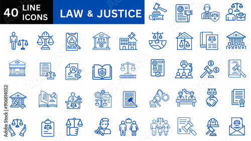 Set of 40 outline icons related to justice and law. Linear icon collection. Editable stroke. Vector illustration