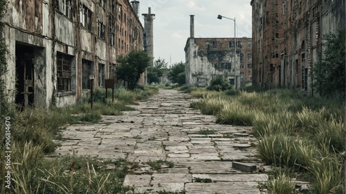 Abandoned industrial area long narrow pathway center is A supern photo