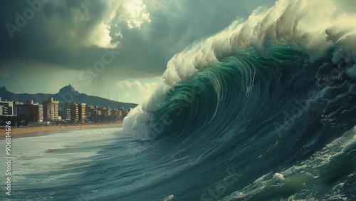 Huge tidal wave tsunami approaching beach coast, extreme weather climate crisis concept photo