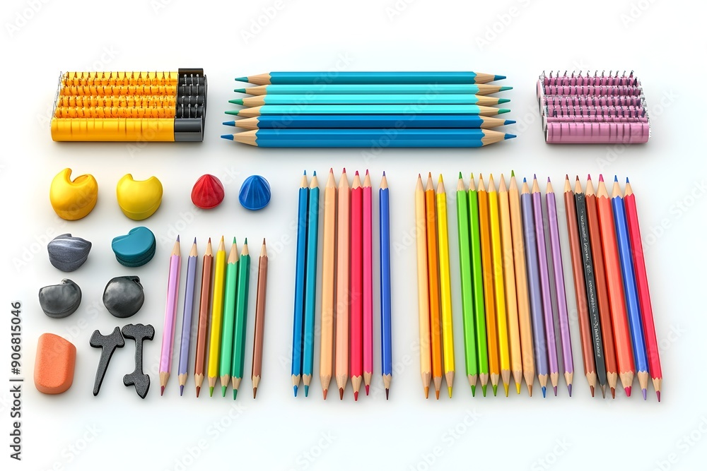 Obraz premium Colorful Pencils and Erasers Organized on a White Desk with Studio Lighting in 3D Render