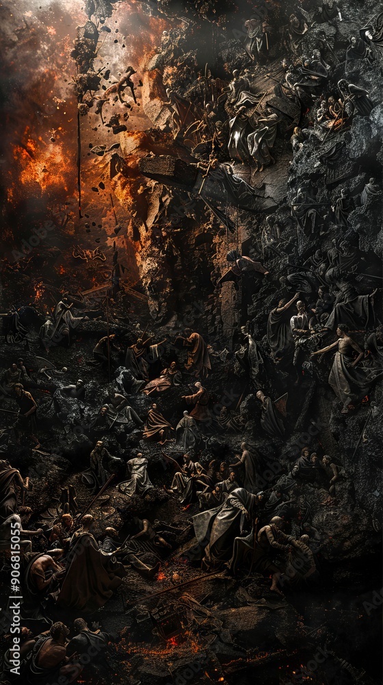 A large group of people standing in front of a fire A large group of people standing in front of a fire