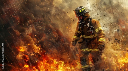 professional firefighter in suit in the middle of fire and smoke with copy space