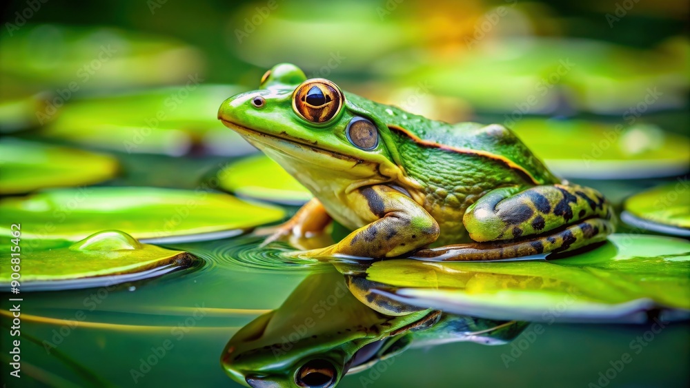 Close-up photo of a vibrant green frog sitting upon a lily pad in a tranquil pond, wildlife, frog, green, lily pad Close-up photo of a vibrant green frog sitting upon a lily pad in a tranquil pond, wildlife, frog, green, lily pad