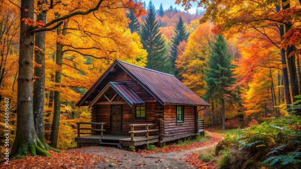 Cozy cabin surrounded by colorful foliage in a serene forest setting, cabin, woods, fall, season, nature, tranquil, cozy Cozy cabin surrounded by colorful foliage in a serene forest setting, cabin, woods, fall, season, nature, tranquil, cozy