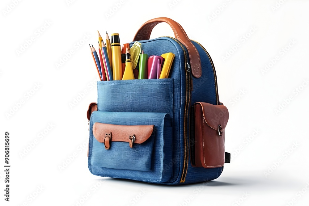 Fully Student Backpack with Assorted School Supplies on White Background Fully Student Backpack with Assorted School Supplies on White Background