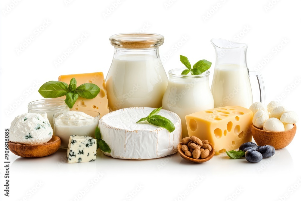 Dairy products, Milk, sour cream, cheese, mozzarella, yogurt, isolated on white background, full depth of field, ai Dairy products, Milk, sour cream, cheese, mozzarella, yogurt, isolated on white background, full depth of field, ai