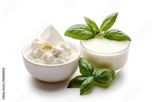 Dairy products, Milk, sour cream, cheese, mozzarella, yogurt, isolated on white background, full depth of field, ai